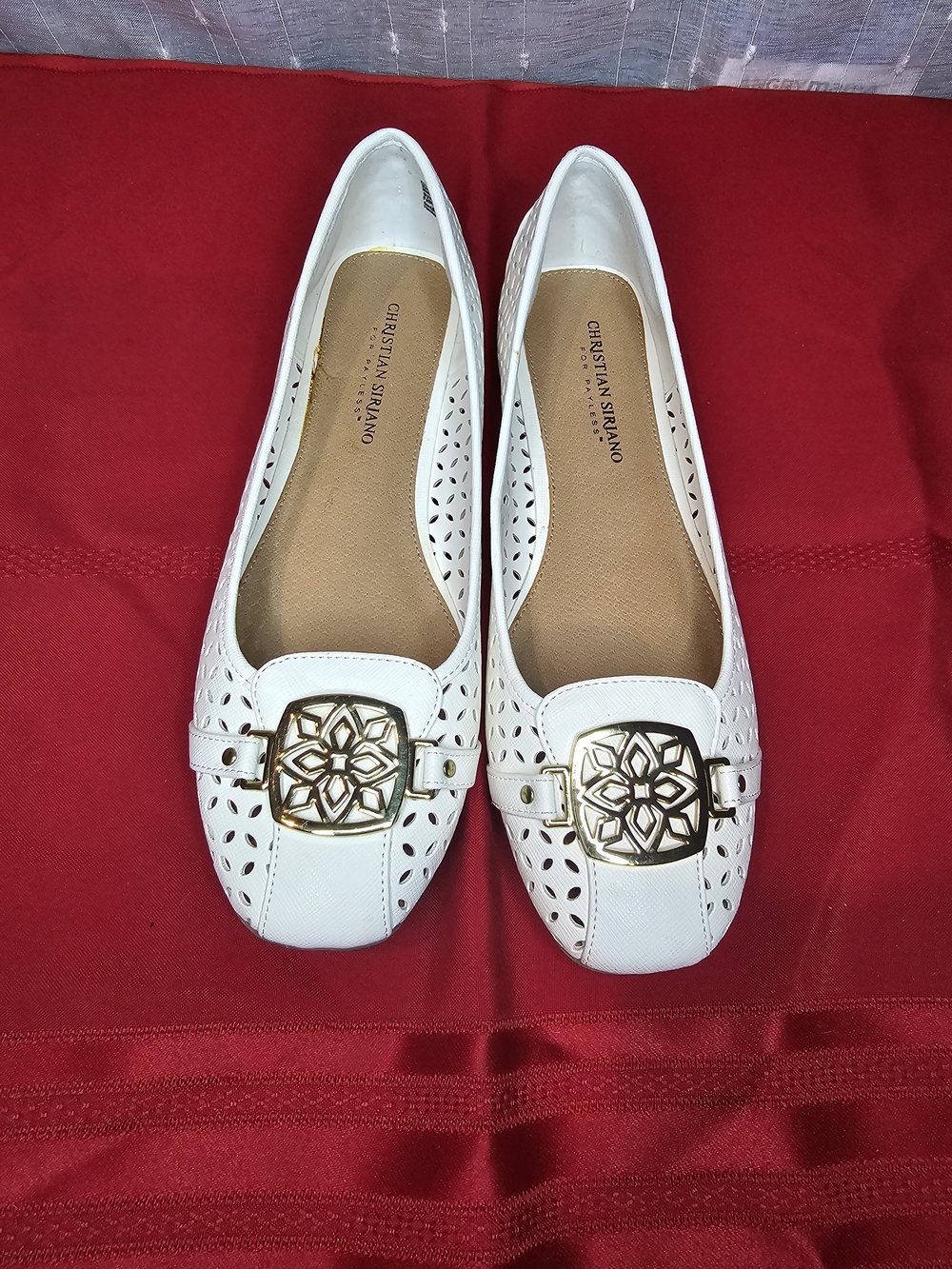 Christian Siriano White Perforated Slip-On Flats with Gold Medallion